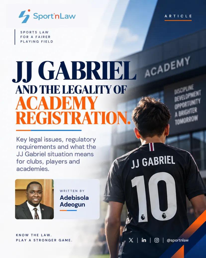 SportnLaw's tweet photo. The JJ Gabriel situation raises important questions around academy registration, player mobility, contractual rights and the protection of minors.

We examine the legal framework and what it could mean for academy players and clubs.

Read the full article: https://t.co/aH0G2ycSO3 https://t.co/g88PVA5OGQ