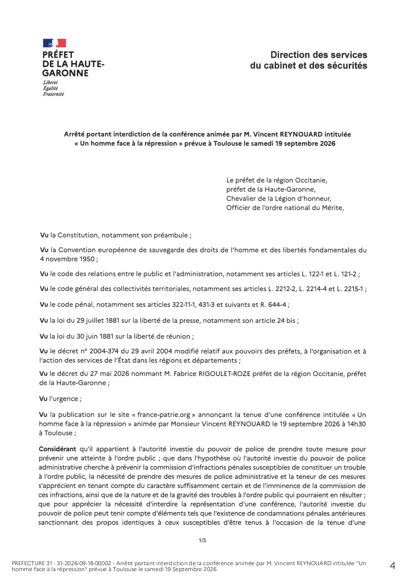 Stop_Rivarol's tweet photo. 🚨 Devant le risque réel de propos incitant à la haine et à la violence contre les Juifs, le Préfet-31 interdit le néonazi #Reynouard de conférence à Toulouse et dans toute la Haute-Garonne.
🙏  @PrefetOccitanie @prefpolice @Gendarmerie_031 @PoliceNat31
👉 https://t.co/DTHK1Xm229 https://t.co/SXVrzM3zEK