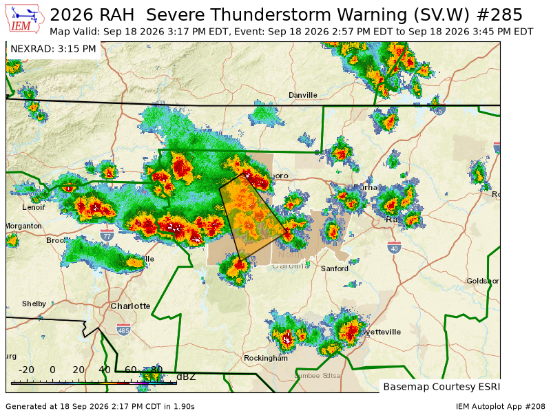 randolphsvwx's tweet photo. RAH continues Severe Thunderstorm Warning [wind: 60 MPH (OBSERVED), hail: <.75 IN (RADAR INDICATED)] for Chatham, Guilford, Randolph [NC] till 3:45 PM EDT https://t.co/m4isuoJfQ5 https://t.co/SGafIqBPGt