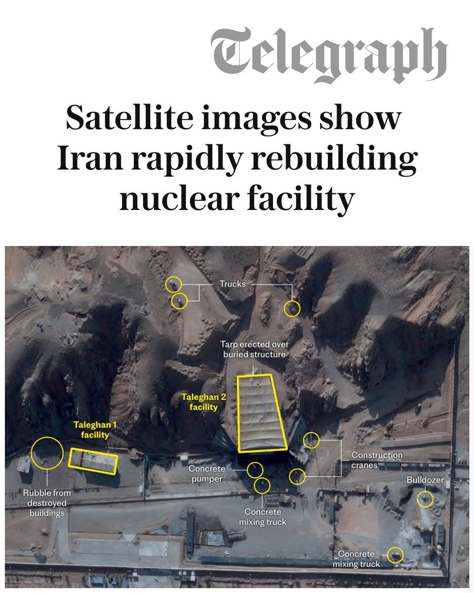 Telegraph's tweet photo. Iran is rapidly rebuilding a secretive military facility linked to its nuclear weapons programme that was destroyed by Israeli bunker-busting bombs, new satellite imagery reveals

🔗 https://t.co/4vJgT4ikVV https://t.co/ERObCguQJg