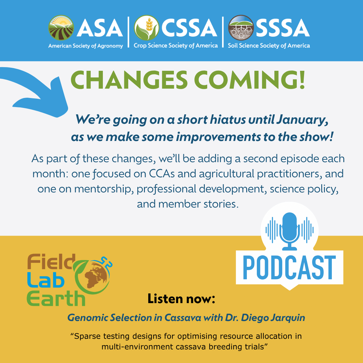 ASA_CSSA_SSSA's tweet photo. 🎙️Changes coming to our podcast! Taking hiatus until January with new episodes focused on CCAs, mentorship & more. ➡️ Listen now: Genomic Selection in Cassava with Dr. Diego Jarquin https://t.co/KHGHFQOLSV #PodcastUpdate #FieldLabEarth #AgriculturePodcast #CCAs #AgPractitioners https://t.co/V7RmeUJAm6