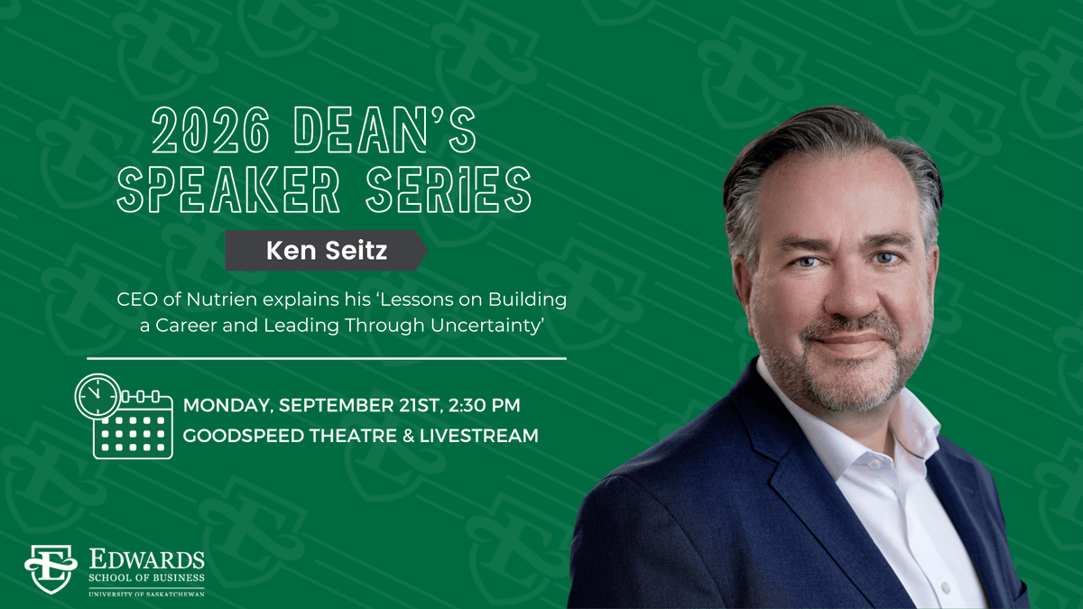 edwards_school's tweet photo. Last chance to register! On Monday, Sept 21, Ken Seitz, CEO of @NutrienLTD takes the stage at the Edwards Dean's Speaker Series to share Lessons on Building a Career and Leading Through Uncertainty. Get your tickets now: https://t.co/FdnTm8Faua
#EdwardsProud #USask https://t.co/dk7z3Bi3Ox