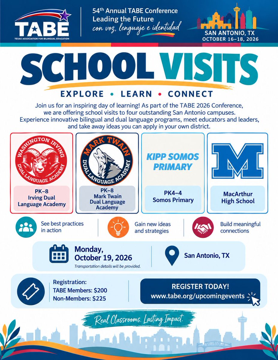 TA4BE's tweet photo. ๐ซ See dual language learning up close! Join TABE 2026 School Visits โ Monday, Oct. 19 in San Antonio. Tour 4 exceptional PKโ12 campuses and observe dual language classrooms firsthand. Members $200 | Non-members $225. Register: https://t.co/vRHDqCszuP #DualLanguage #BilingualEd https://t.co/sSstE3CB90