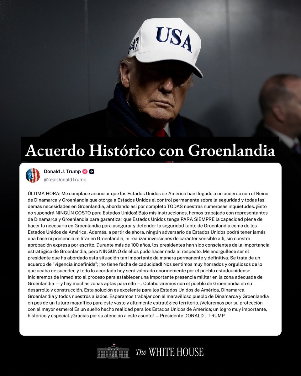 USAenEspanol's tweet photo. ÚLTIMA HORA: El presidente Donald J. Trump anuncia el control de seguridad estadounidense, total y permanente, sobre Groenlandia, y excluye a cualquier adversario de Groenlandia y de la región circundante. https://t.co/9Gjy5jmGui
