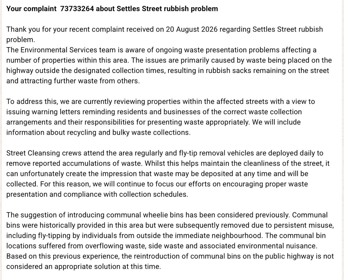 CryptoMarkMania's tweet photo. @TowerHamletsNow EVERY day Settles St is a rat infested tip. Residents have been raising it for months. In this letter to our neighbour you state: Fly tipping was the blocker for communal bins. We prefer fly tipping over rats, and fly tipping easier to solve than ALL other issues https://t.co/5IQUExxZyG