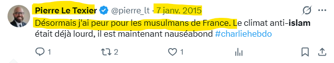 dobsky33's tweet photo. Le jour de l'attentat islamique contre Charlie Hebdo (12 morts, 11 blessés), ce monsieur était inquiet pour les musulmans de France... https://t.co/6bUPzMuhBI