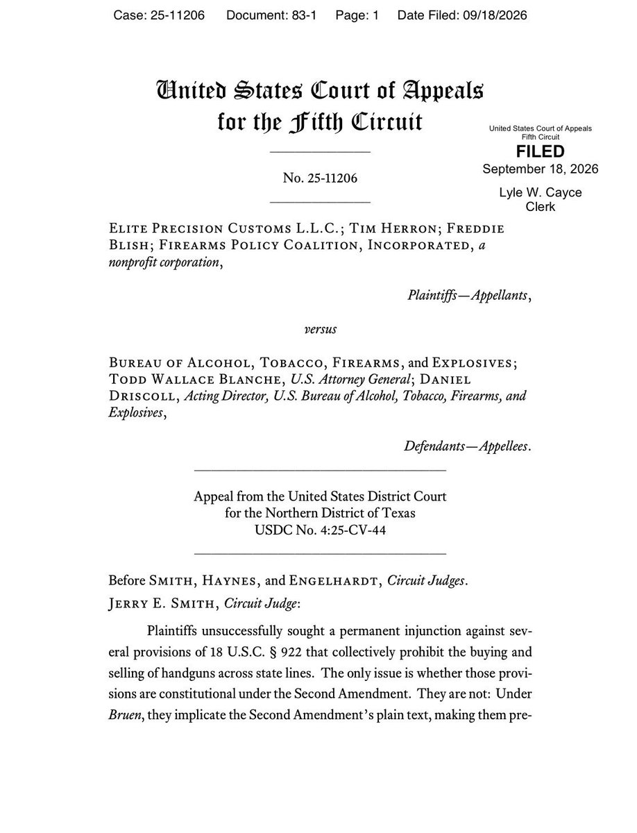 GunOwners's tweet photo. 🚨BREAKING🚨

The Fifth Circuit just struck down the unconstitutional federal ban on purchasing handguns across state lines.

“The Ban sullies the plain text of the 2A &amp; is inconsistent with the nation’s tradition of firearms regulation, dating back to the founding era.” https://t.co/1yLcSokXNT