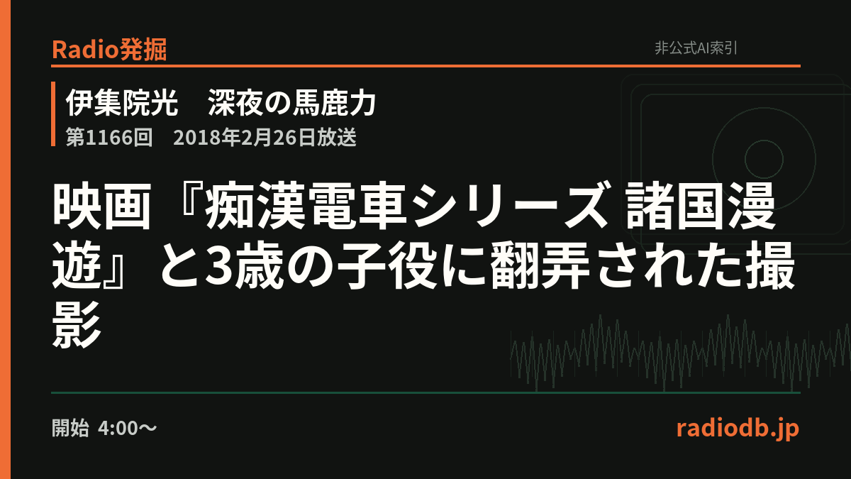 radiodb_jp's tweet photo. 伊集院は、映画『痴漢電車シリーズ 諸国漫遊』の撮影で、3歳の子役に翻弄された体験を語っている。本番を嫌がり、アンパンマンの絵を消せず、ゲロの小道具も拒否。閉店前の現場は追い詰められていった。

第1166回 / 2018年2月26日 / 4:36ごろ

Radio発掘で掘る
https://t.co/ImVyQiT7wf https://t.co/XMPrs1zVxK