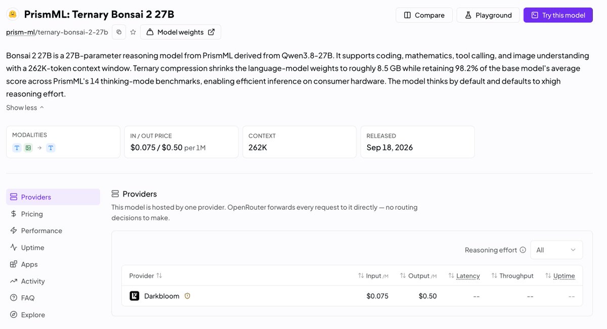 0xkydo's tweet photo. This is the first time in Darkbloom's history that we are the first provider to support a model on @OpenRouter ❤️

I couldn't have chosen a better partner for this milestone. @PrismML focuses on concentrating intelligence, so more models can run on distributed Mac machines! https://t.co/aHbduePXV5