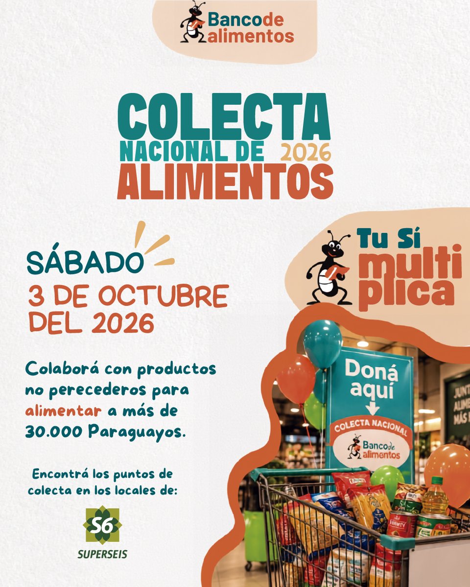 SuperseisPy's tweet photo. ¡Juntos podemos hacer la diferencia! 🤝

El sábado 3 de octubre nos sumamos a la Colecta Nacional de Alimentos 2026 del @bda_py. 🛒✨

Te invitamos a colaborar con productos no perecederos y ser parte de esta iniciativa que busca alimentar a más de 30.000 paraguayos. 🇵🇾 https://t.co/UKUg8vX3t4