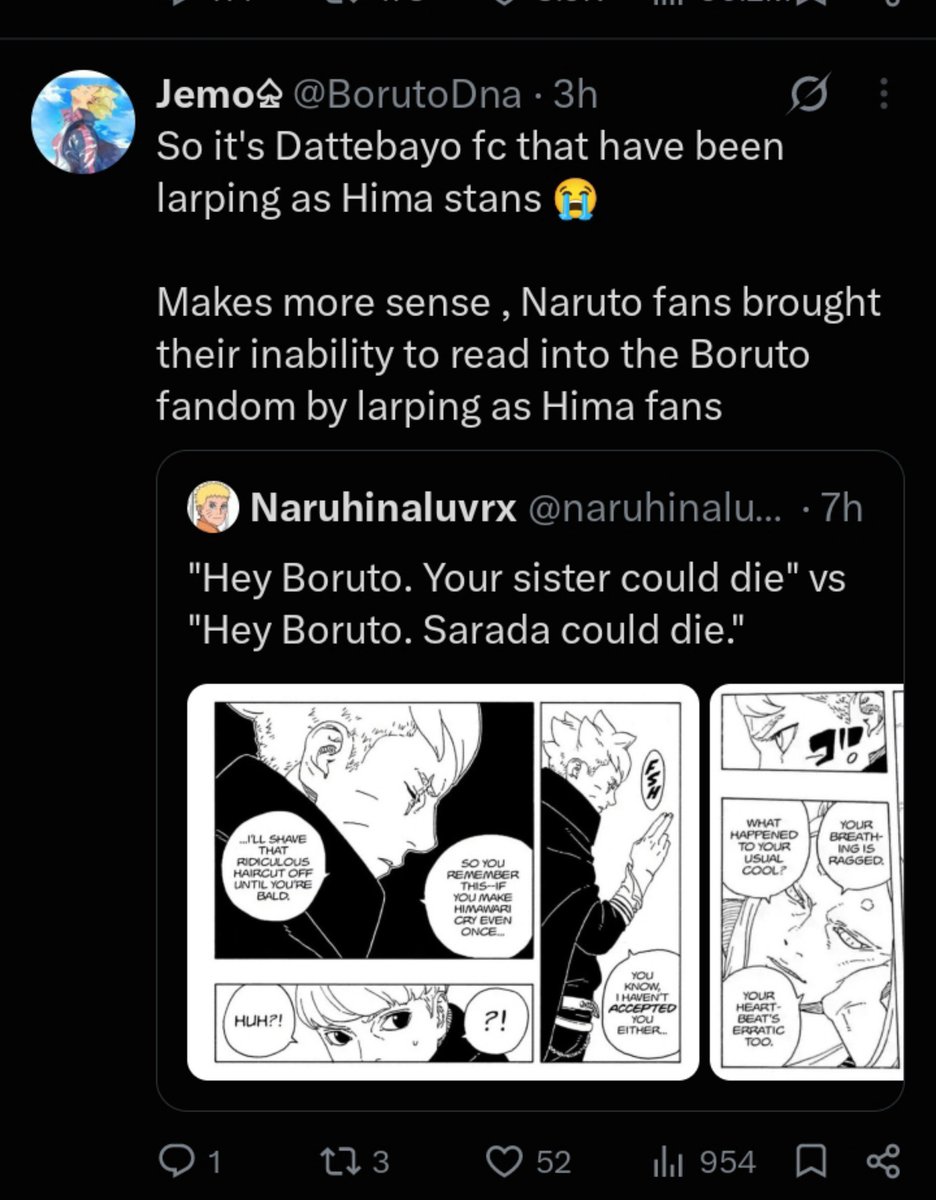 dwlltrr's tweet photo. Constantly hating on hima fans nd mocking thm as dattebayo fc nd whtver but I havnt seen anyone going over these shippers who thmselves spitting such words.
Isn't ths a hypocrisy, borusara shippers can say anythng but if same words r repeated by others , it's wrong https://t.co/6eQO6A6LqN