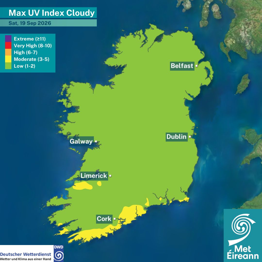 MetEireann's tweet photo. #UV Index for Saturday, 19th September:

Moderate under clear skies ☀️
Mostly low under cloudy skies ☁️

Be #SunSmart 👉 protect your skin &amp; eyes from the sun 🧴🕶️

More info 🔗 https://t.co/HPryW0cMDo https://t.co/X5k8bQfnOc