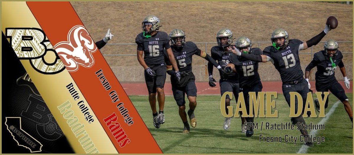 ButteFootball's tweet photo. Game Day Tomorrow! 
🆚 Fresno City
🕐 5 pm
🏟️ Fresno, CA
💻 YouTube: https://t.co/WezxxcxgoR
#BCPride https://t.co/XLBCUc9giE