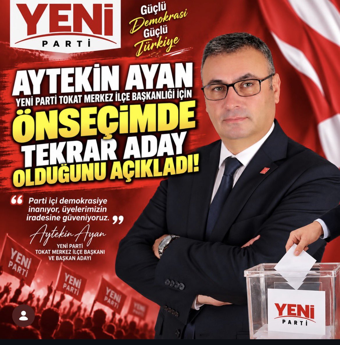 ozgurletokat's tweet photo. Güçlü demokrasi ve güçlü Türkiye inancıyla yola çıkan #YeniParti Tokat Merkez İlçe Başkanımız Aytekin Ayan, gerçekleştirilecek ön seçimde yeniden Merkez İlçe Başkanlığına adaylığını açıkladı.
#YeniParti #Tokat #Merkezİlçe #AytekinAyan #GüçlüDemokrasi #ÖnSeçim https://t.co/OchGtmIKhC