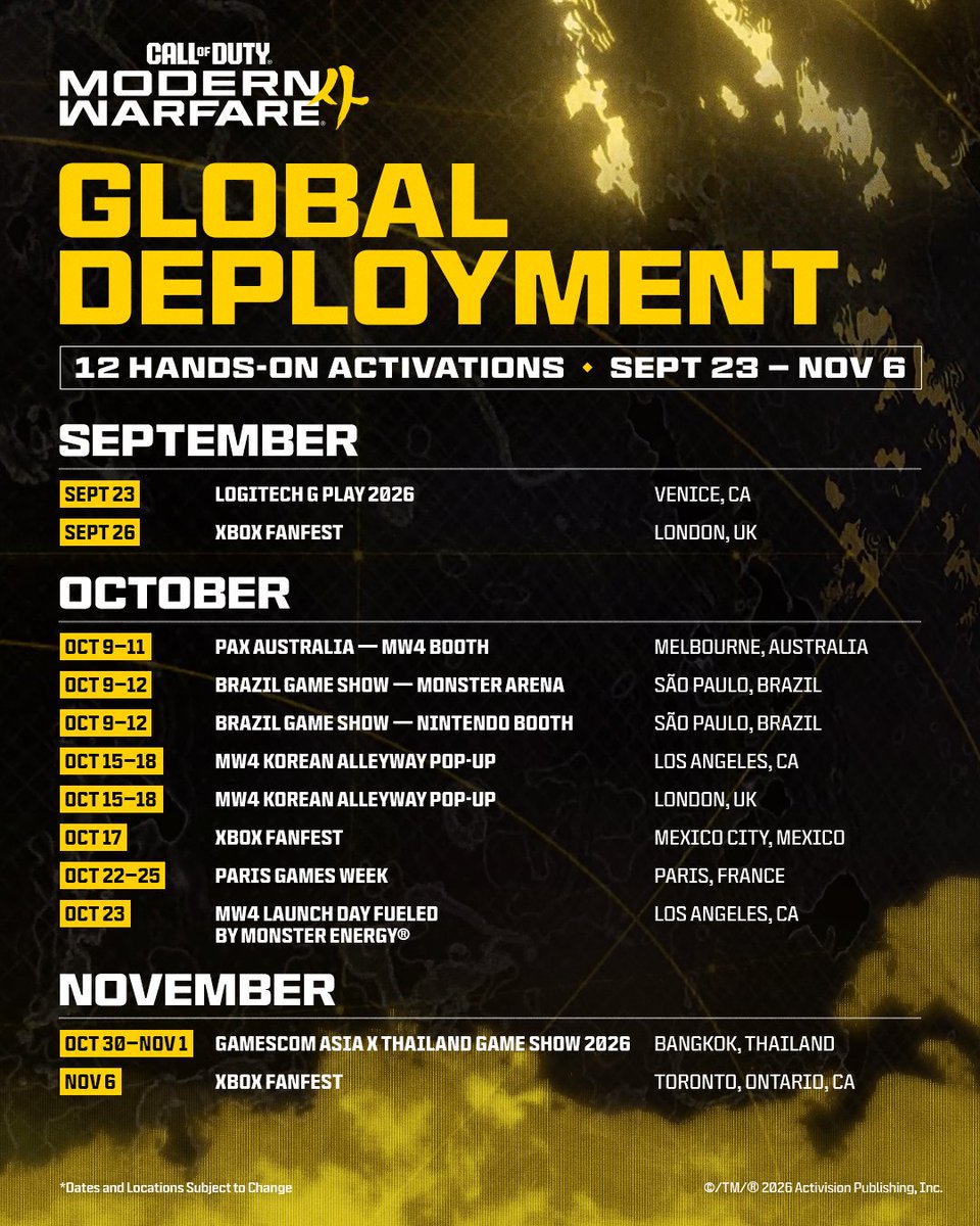 CallofDuty's tweet photo. The road to the global launch of Modern Warfare 4 is paved with new opportunities for community hands-on 🤝

Be among the first to play #MW4 across 12 global activations. https://t.co/faPCSk2JpC