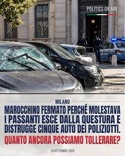 RobertoAvventu2's tweet photo. 🔴Lo fermano perché molesta i passanti in centro, lo portano in Questura, lo identificano e lo rimettono fuori. Lui esce e sfascia le auto dei poliziotti.
Milano, via Fatebenefratelli. Un marocchino di 37 anni viene intercettato da una volante in zona Duomo mentre infastidisce i passanti e viene accompagnato in Questura per foto e identificazione. Esce intorno all'una e mezza del pomeriggio, fa il giro del perimetro dell'edificio e danneggia cinque automobili parcheggiate negli stalli riservati, alcune di proprietà degli agenti: tergicristalli piegati, targhe divelte, vetri rotti.
Arrestato per danneggiamento aggravato, è rientrato in Questura pochi minuti dopo esserne uscito.
Il punto non sono nemmeno le macchine: è il messaggio. Ti controllano, esci dalla porta e la prima cosa che fai è prendertela con chi ti ha appena identificato, a venti metri dall'ingresso. Come se non ci fosse assolutamente nulla da temere.
Quanto ancora possiamo tollerare? Scrivetelo nei commenti. 👇