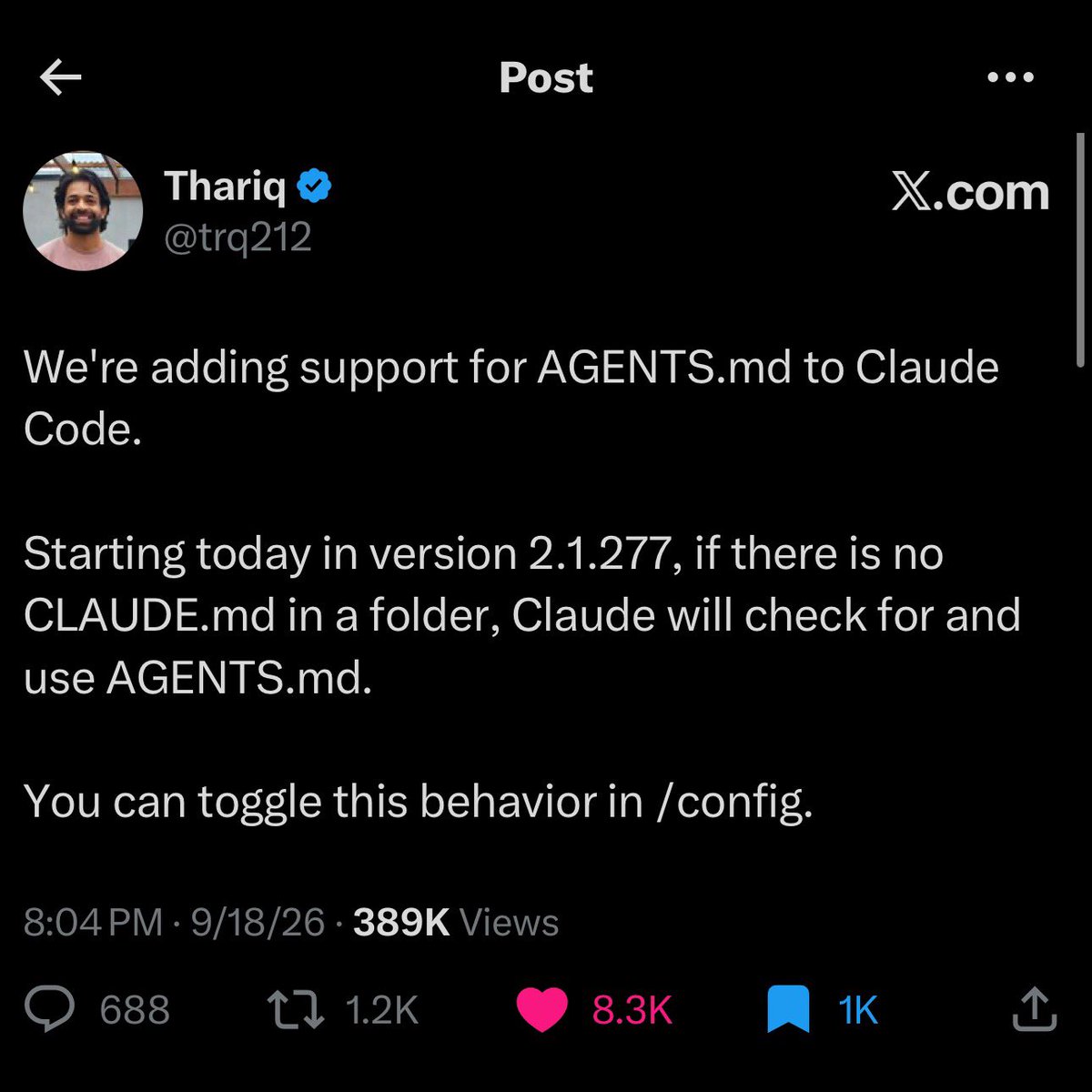 testingcatalog's tweet photo. ANTHROPIC 🔥: Claude Code now can pull project instructions from AGENTS md file in case if CLAUDE md file is not present. 

A code cleanup on a global scale 👀

It is inevitable that most of the common coding AI agents will be eventually working on same repositories and will have to find ways on how to better collaborate together. Standardisation is always good.