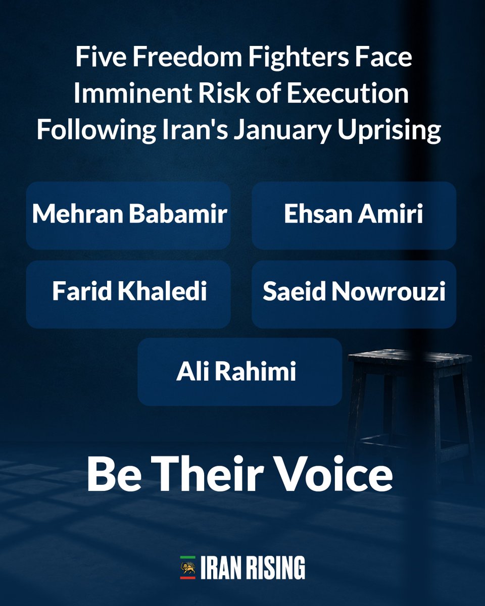 PahlaviComms's tweet photo. Five Freedom Fighters in Iran Face Imminent Execution

The Islamic Republic has sentenced five of Iran’s brave sons from Lordegan, in southwestern Iran, to death in a sham court. The lives of Mehran Babamir, Ehsan Amiri, Farid Khaledi, Saeid Nowrouzi, and Ali Rahimi Rigi, courageous freedom fighters detained during the January Uprising, are now at immediate risk of state murder.

Be their voice and leverage every international platform to pressure the criminal regime to stop these executions. Amplify the names of these captive heroes and do not let the regime execute Iran’s children in silence and darkness.

#LastBreath