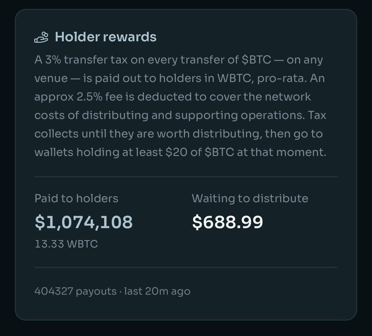 hashexplorer's tweet photo. wow @BTCbuythecat distributed 
13.33 bitcoin:native to holders that’s over $1M https://t.co/ofIXkQUSTI