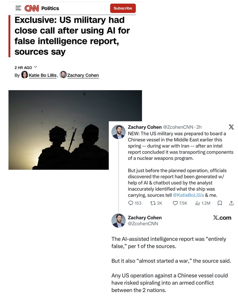 TheTNHoller's tweet photo. CNN: A fake A.I. intelligence report just “almost started a war” with China when the military almost boarded one of their ships 

Nothing to see here, folks! 😕
https://t.co/AjD1HNNCzN https://t.co/bKdzmDDfYl
