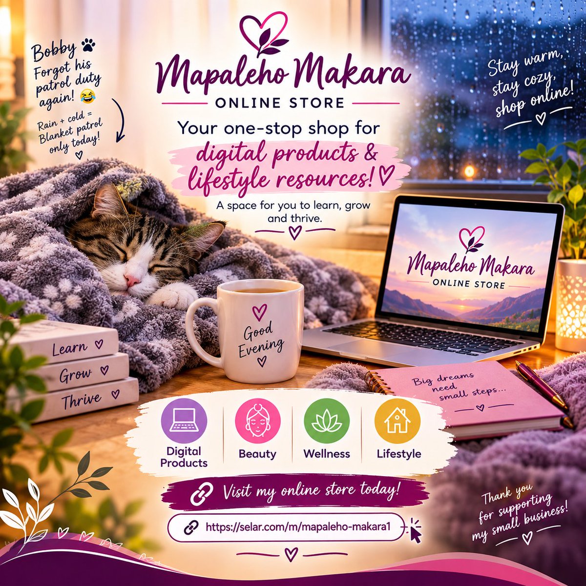 MapalehoMakara's tweet photo. 🌙 Evening reminder: my online store is open! 🌸

Digital products + beauty, wellness &amp; lifestyle resources to help you learn, grow &amp; thrive. 💻✨

👉 https://t.co/ptN4N6KVmy

#OnlineBusiness #DigitalProducts https://t.co/OBOsYxPC9u