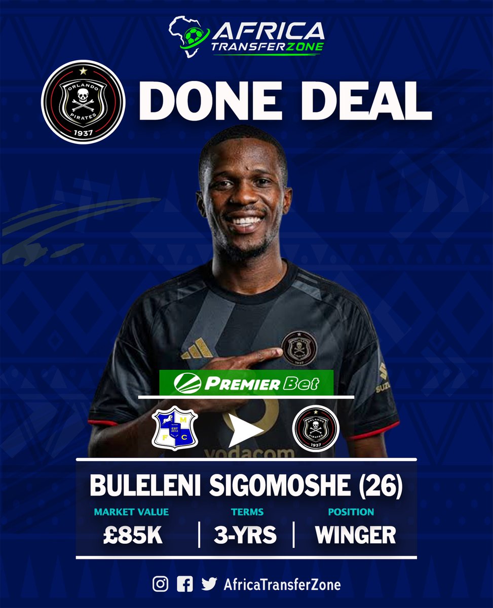 Africatranszone's tweet photo. 𝐇𝐞𝐫𝐞 𝐰𝐞 𝐠𝐨 : Orlando Pirates have officially announced the signing of Bulelani Sigomoshe from Milford FC.

Sigomoshe joins the Buccaneers on a three-year contract, committing his future to the club until 2029.

Pirates have moved to strengthen their squad with the arrival of Sigomoshe, who now begins a new chapter at one of South Africa’s biggest clubs.

Deal completed. Bulelani Sigomoshe is officially an Orlando Pirates player.

Powered by @premierbettz 

#Africatransferzone #africanfootball #africatransfer #áfrica