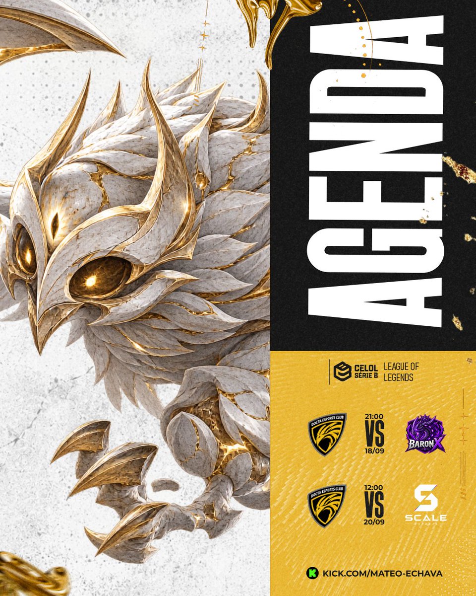 DoctaEClub's tweet photo. Sigue nuestro camino en @LigaGG_  #CelolB  y buscamos continuar más invictos que nunca 😎

Agendate estas fechas 📝

📅 HOY
🆚 BaronX  ⎯╼ 21:00hs Ar

📅 DOM 20/9
🆚 Scale Esports ⎯╼ 12:00hs Ar

📺 https://t.co/pN5ywgp8Gd

Se parte de la Docta y acompaña a los pibes en Br💛 https://t.co/9jm0NEl27Z