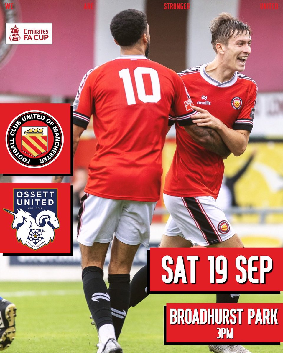 FCUnitedMcr's tweet photo. ➡️ NEXT MATCH

It’s @EmiratesFACup action tomorrow as we host @OssettUnited in a 3pm kick-off

We’ve got all the usual great food, drink and entertainment on, alongside 90 minutes of cup action, so get yourself to that football ground!

#WeAreStrongerUnited https://t.co/jx83RU786O