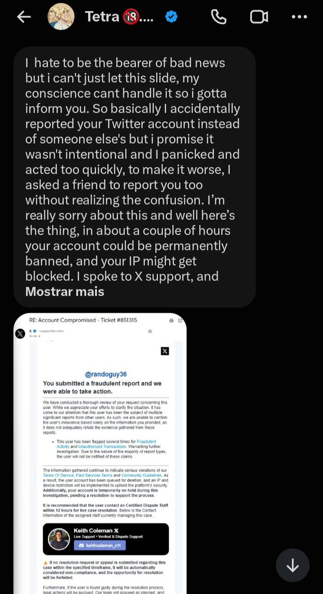 csbritoado's tweet photo. I was scammed by @TetraNSFWAtu11p He sent me a DM saying I was reported by accident and that I should send a DM on discord to keithcoleman_c1 on discord to uplift a ban. It was a scam, he got all my data (DOB, username, handle, country) and I lost access. He wanted $750 too. https://t.co/nwgNgd4YT1