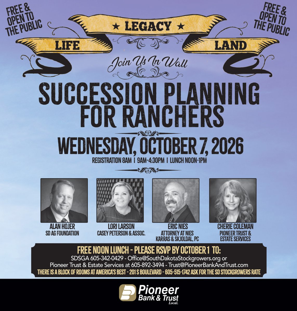 BankPioneer's tweet photo. Join us for a free succession planning seminar for ranchers! 🤠 

📅 Wednesday, October 7, 2026
📍 Wall Community Center, 501 Main Street, Wall, SD
🍽️ Free lunch: Noon–1 PM
 #Local https://t.co/aQn5mcD7Lu