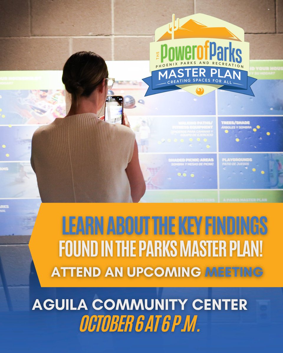 PHXdistrict8's tweet photo. Join the conversation on the Parks Master Plan Key Findings Tuesday, October 6 at 6 p.m. at the Aguila Community Center. Come see what your neighbors have shared, review top priorities like lighting, shade, and inclusive play areas, and take part in an open Q&amp;A. https://t.co/e74irheitX