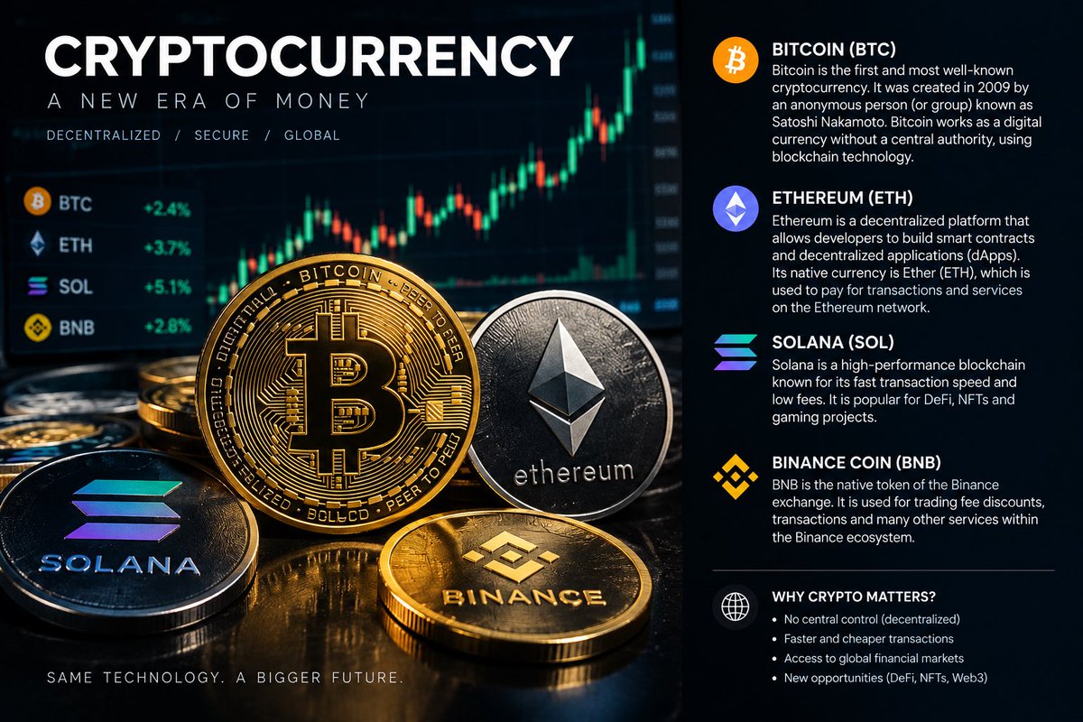 xiadegen's tweet photo. 🚀 CRYPTOCURRENCY — THE FUTURE OF FINANCE

Cryptocurrency is transforming the way we think about money, payments, and digital ownership. Powered by blockchain technology, crypto enables fast, global, and decentralized transactions without relying on a traditional central authority.

₿ Bitcoin (BTC) — Digital money and a decentralized store of value.
♦ Ethereum (ETH) — A blockchain built for smart contracts and decentralized applications.
◎ Solana (SOL) — A high-speed blockchain designed for efficient transactions and Web3 applications.
◆ BNB — A utility token powering the Binance ecosystem.

Decentralized. Global. Digital.
The next chapter of finance is being built on blockchain technology.

⚠️ Cryptocurrency markets are highly volatile. Always do your own research before making financial decisions.