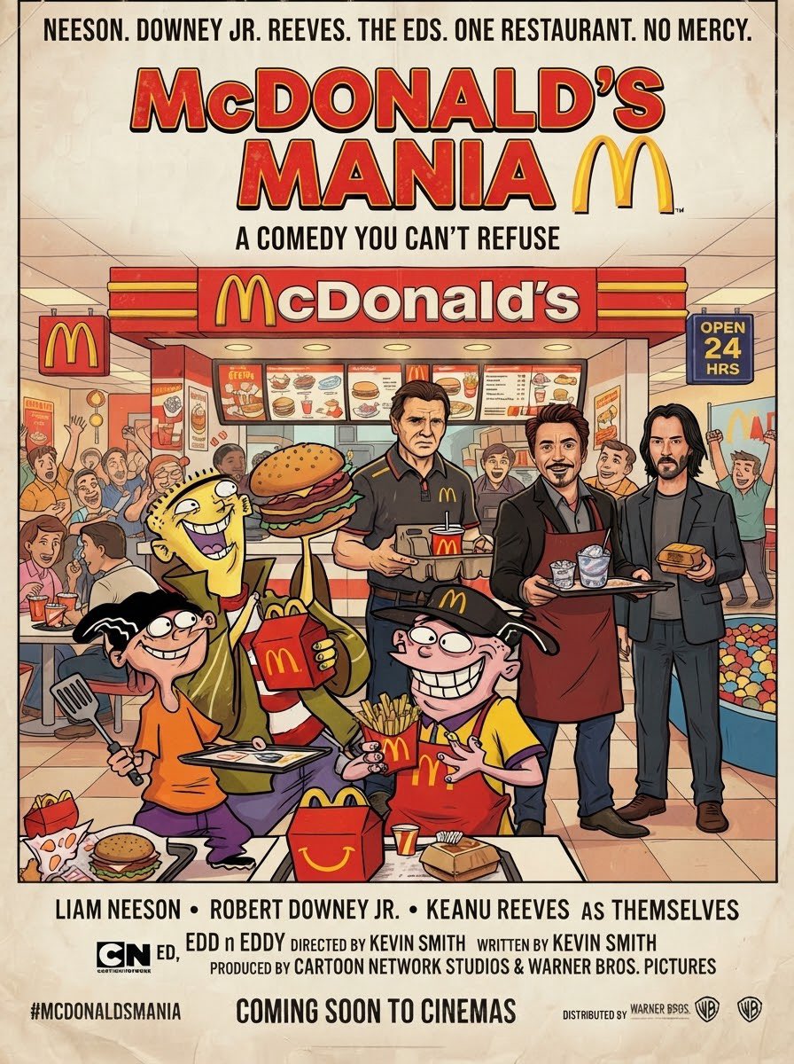 matt_91X's tweet photo. #Ai #AiArt #Concept #Poster #McDonalds #Mania #EdEddnEddy #LiamNeeson #RobertDowneyJr #KeanuReeves #CartoonNetwork #KevinSmith #McDonaldsMania #Restaurant #Mercy #WarnerBros https://t.co/Dy4d3ohLCP