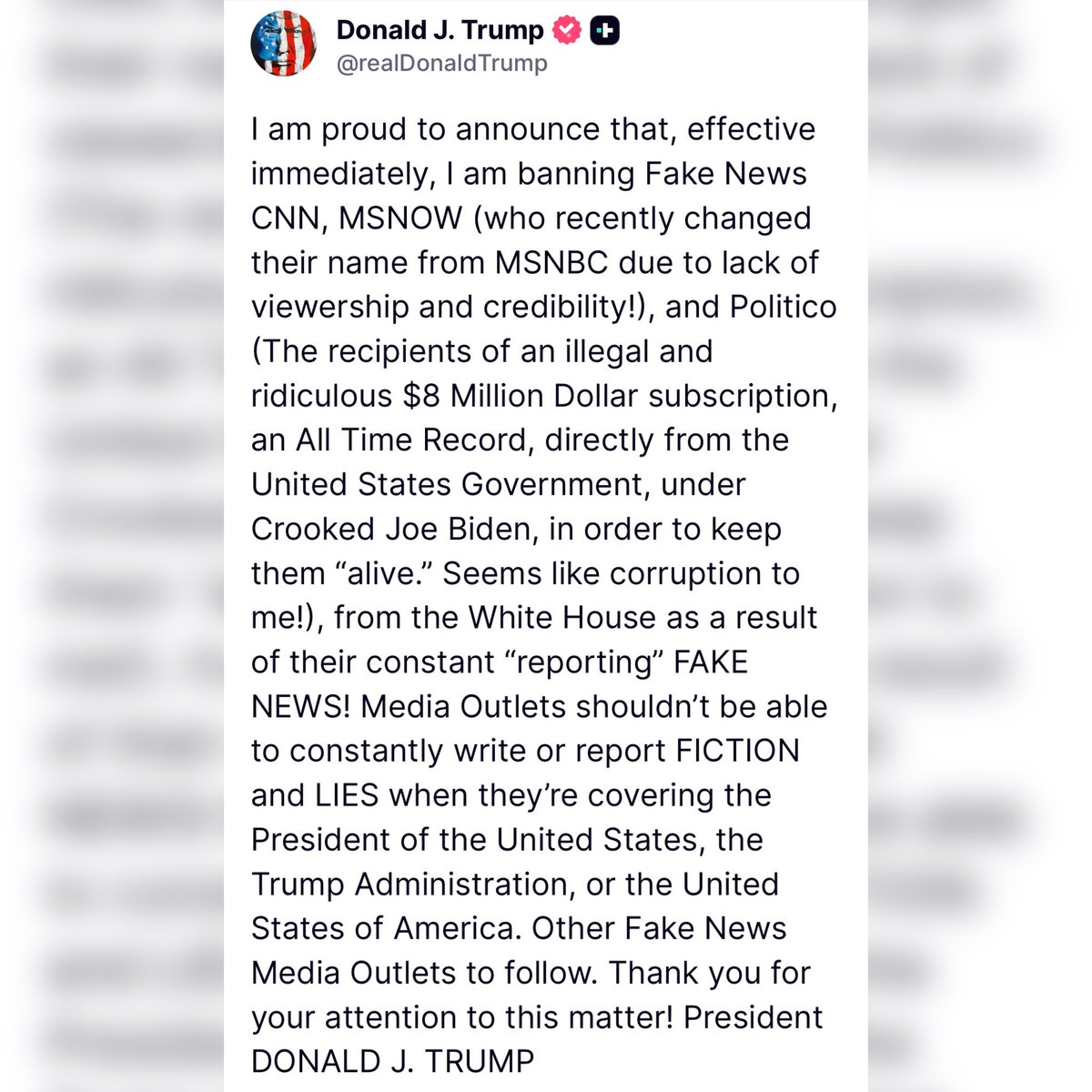 sentdefender's tweet photo. According to U.S. President Donald J. Trump, “effective immediately,” he will be barring CNN, MSNOW, and Politico from the White House, citing their critical coverage of his administration, which he says is “fake news.” While it’s yet to be seen whether the president can actually unilaterally ban the new outlets from the White House space, as the Associated Press still is embroiled in a legal spate as well, the move would be extremely notable if implemented.