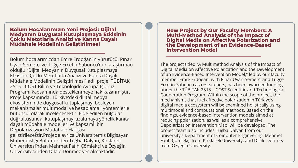 tugceercetin's tweet photo. Our new project titled, “A Multi-Method Analysis of the Impact of Digital Media on Affective Polarization and the Development of an Evidence-Based Intervention Model,” has been awarded funding 🌻 https://t.co/pdNKCQ8zUk