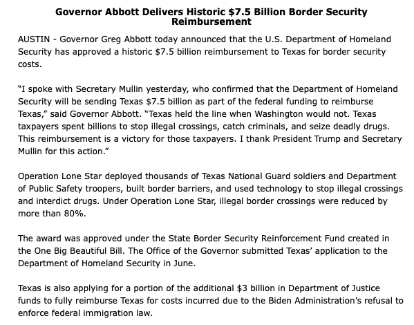 Big congratulations to Governor Abbott for getting this done for Texas.

It'll be a joyful day at the Comptroller's office when we finally get Texans repaid on a long-overdue invoice.