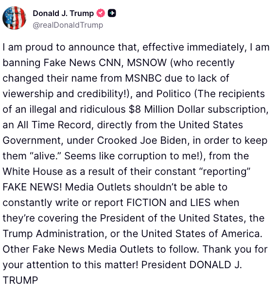 WhiteHouse's tweet photo. "Media Outlets shouldn’t be able to constantly write or report FICTION and LIES when they’re covering the President of the United States, the Trump Administration, or the United States of America. Other Fake News Media Outlets to follow." https://t.co/jcRja0oj2d
