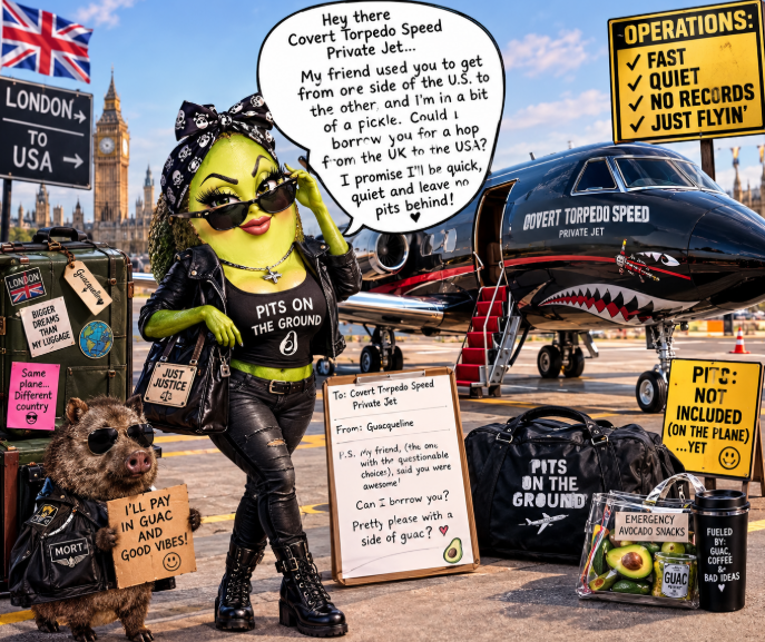GuacAndRollz's tweet photo. ATTENTION: CLASSIFIED GUACAMOLE TRANSPORTATION EMERGENCY! 

Guacqueline needs to borrow the same covert private jet "RV" used for his “missions” to make a high-priority UK-to-USA meeting—PRONTO! 
Apparently Travelocity doesn’t have a “suspicious avocado with questionable intelligence” option! 🥑✈️😂
Pits on the ground and ready to move FL hurricane style 🌪️

"Lets roll"..... Not too hard, I bruise easily 🥑🥑