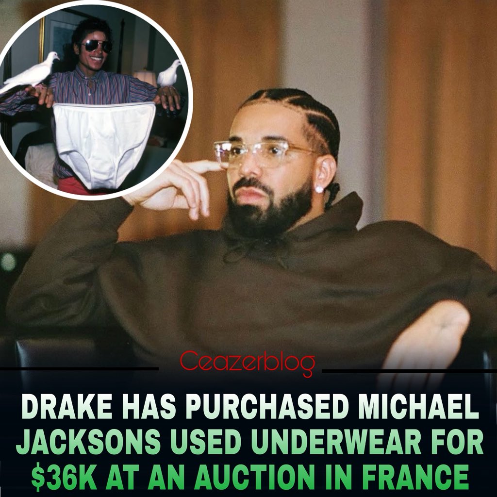 ceazerblog1's tweet photo. #Drake reportedly purchased a pair of #MichaelJackson's used underwear for around $36,000 during a celebrity memorabilia auction in France.

The bizarre collectible was part of a larger auction featuring personal Michael Jackson items, including stage worn clothing and handwritten notes.
