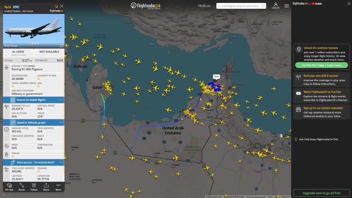 AIYeyENGDdJkjTr's tweet photo. Sept. 19, 2026
#Al-Udeid Air Base ==> #Gulf of Oman
#NoCALLSIGN #AED555 USAF KC-46A Pegasus
#Al-Udeid Air Base ==> #Musandam Peninsula
#NoCALLSIGN #AE63BC USAF KC-46A Pegasus
#Al Reef Base, Abu Dhabi ==> #Gulf of Oman
#NoCALLSIGN #AE07A6 USAF KC-135T Stratotanker
#Ben Gurion ==> #Musandam Peninsula
#NoCALLSIGN #AE07BB USAF KC-135R Stratotanker
#Al-Udeid Air Base ==> #Jordan
#NoCALLSIGN #AE63DD USAF KC-46A Pegasus
#Al-Udeid Air Base ==>
#NoCALLSIGN #AF8444 USAF KC-46A Pegasus
#NoCALLSIGN #AFA175 USAF KC-46A Pegasus