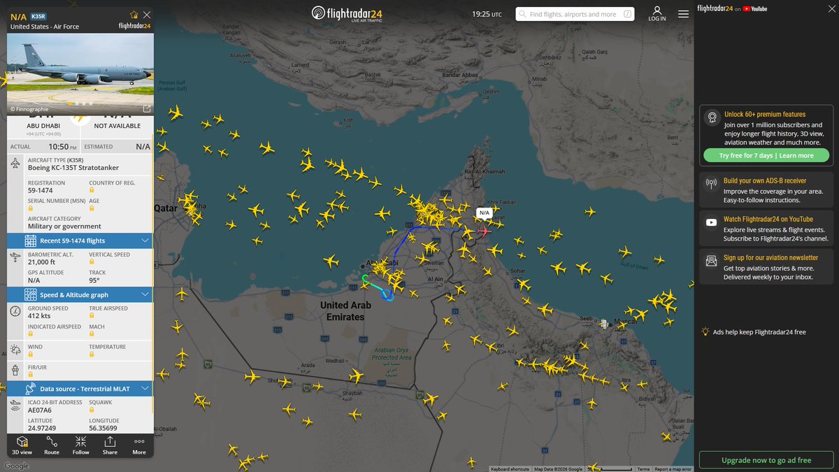 AIYeyENGDdJkjTr's tweet photo. Sept. 19, 2026
#Al-Udeid Air Base ==> #Gulf of Oman
#NoCALLSIGN #AED555 USAF KC-46A Pegasus
#Al-Udeid Air Base ==> #Musandam Peninsula
#NoCALLSIGN #AE63BC USAF KC-46A Pegasus
#Al Reef Base, Abu Dhabi ==> #Gulf of Oman
#NoCALLSIGN #AE07A6 USAF KC-135T Stratotanker
#Ben Gurion ==> #Musandam Peninsula
#NoCALLSIGN #AE07BB USAF KC-135R Stratotanker
#Al-Udeid Air Base ==> #Jordan
#NoCALLSIGN #AE63DD USAF KC-46A Pegasus
#Al-Udeid Air Base ==>
#NoCALLSIGN #AF8444 USAF KC-46A Pegasus
#NoCALLSIGN #AFA175 USAF KC-46A Pegasus