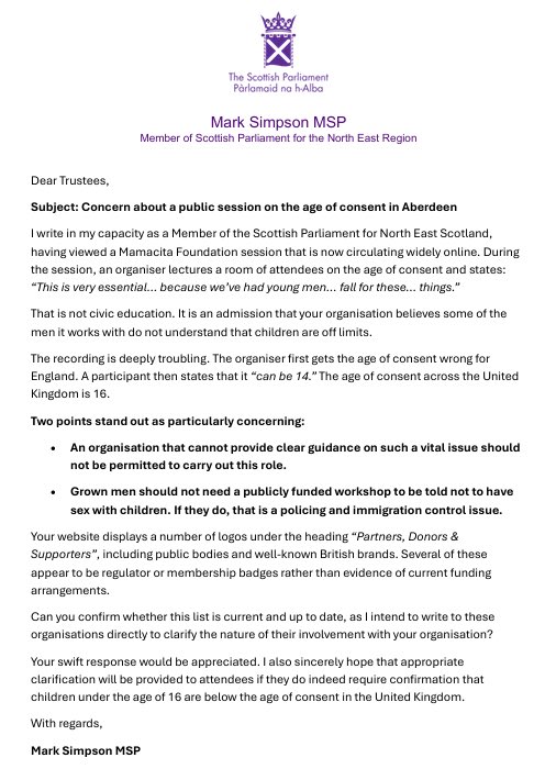 RealMGSimpson's tweet photo. ‼️This needs urgently addressed 

I have written to Mamacita Foundation about one of their sessions in which it was said the age of consent is 14

It is hugely concerning such misinformation is being spread - it must be rectified ASAP https://t.co/mP774SIqMF