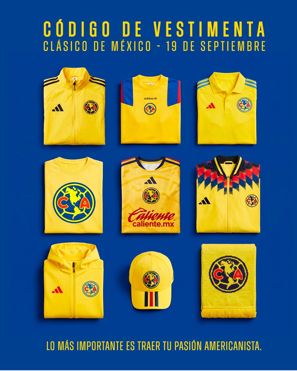 ClubAmerica's tweet photo. No olviden nuestro código de vestimenta para #ElClásicoDeMéxico, ¡TODOS VAMOS DE AMARILLO! 🦅💛

J9 ⚔️ América vs. Chivas
🎟️ Boletos: https://t.co/S3Cwy9PbA6

Chamarra, jersey, gorra, bufanda o lo que sea, ¡pero que sea AMARILLO! 🟡🫡 https://t.co/V7pLtNk3jE