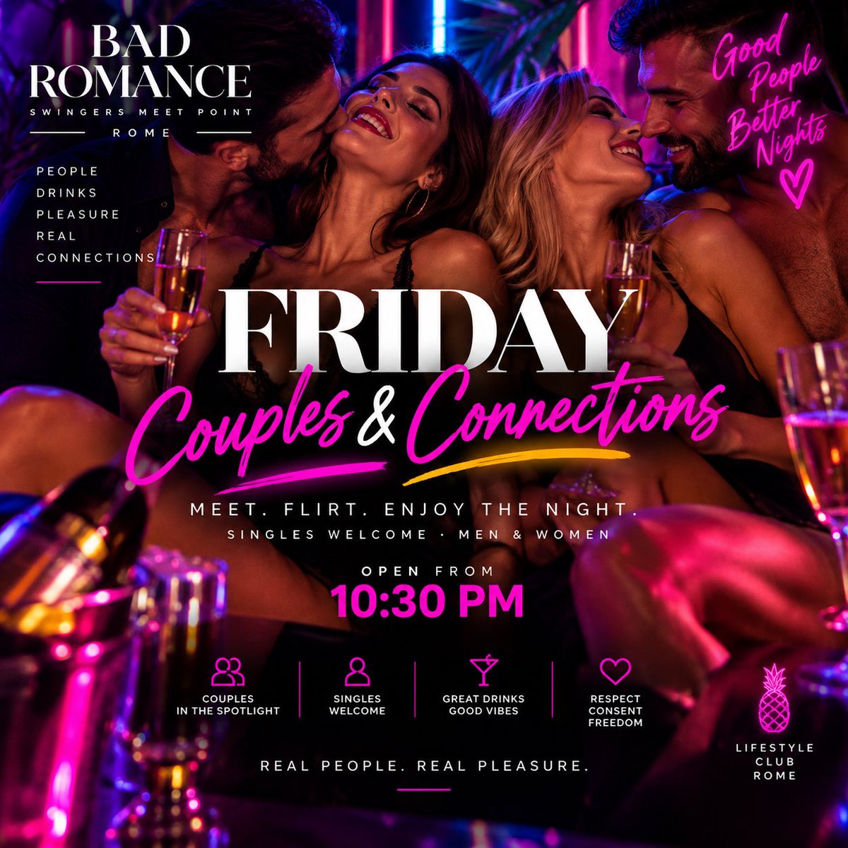 ClubBadRomance's tweet photo. FRIDAY · ROME 🔥🍍

Couples. Singles. Real connections.
Meet. Flirt. Enjoy the night.

❤️ Open tonight from 10:30 PM
📍 Via Beniamino Franklin 3/A · Rome

🗺️ Google Maps
https://t.co/cuDuzCzq7s

Real people. Real pleasure. https://t.co/swogqMo932