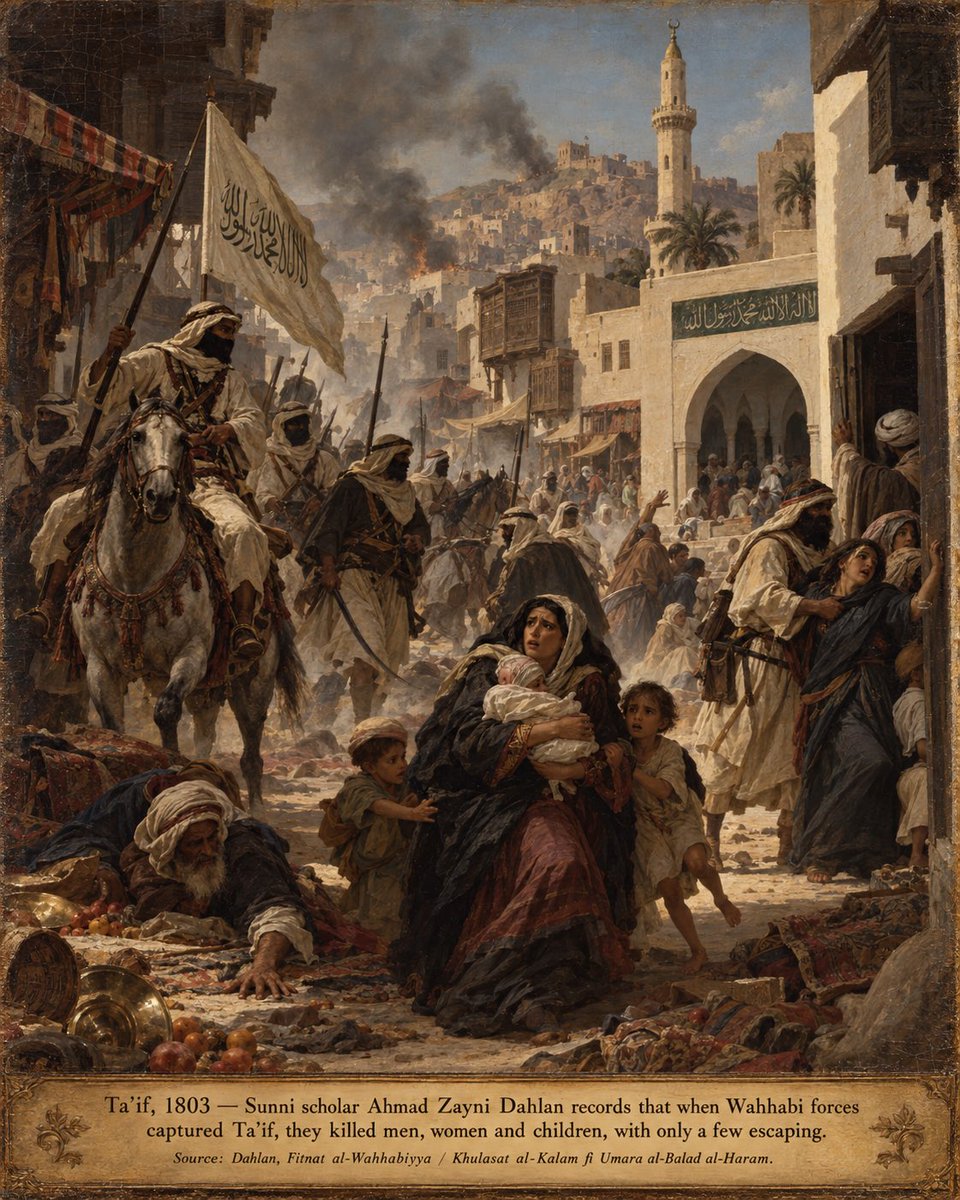 KimJongwins's tweet photo. Talmudic warfare? 

Sunni scholar Ahmad Zaynī Dahlan records that when Wahhabi forces captured Ta’if, they killed men, women and children, with only a few escaping. He even reports nursing infants being killed, alongside people in homes, shops and mosques.

Dahlan, Fitnat al-Wahhabiyya / Khulasat al-Kalam fi Umara al-Balad al-Haram.
