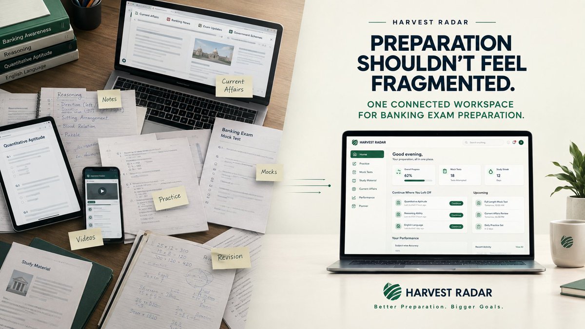 SuhaneSwarnim's tweet photo. There are enough PDFs, mocks, YouTube channels and Telegram groups for banking exam prep. That's not the problem.
The problem is fragmentation.
Harvest Radar makes preparation one connected workspace — not ten scattered tools.
https://t.co/tUbXedcgS9
#BankingExams #IBPS #SBIPO https://t.co/reYML0Mluq