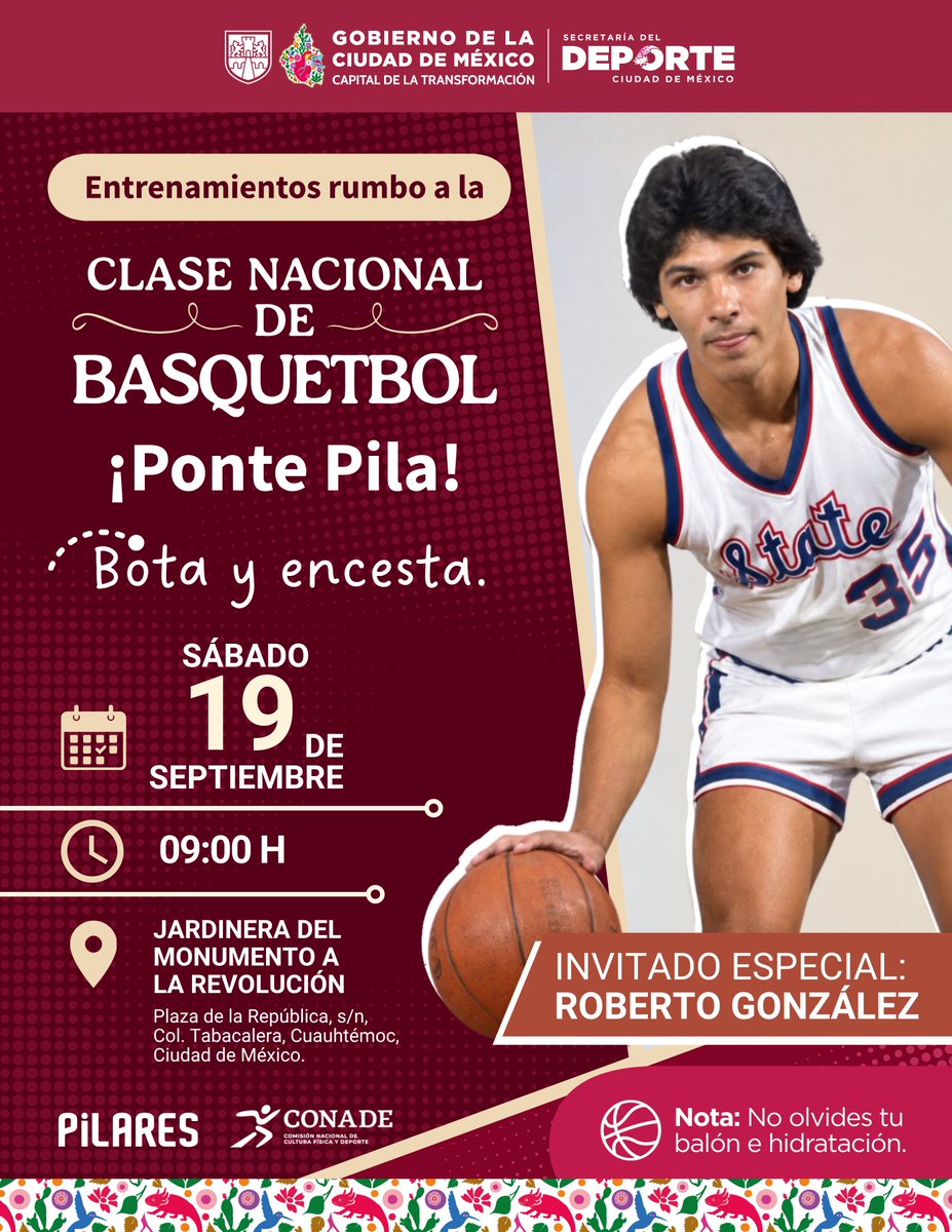 CdmxPilares's tweet photo. 🏀🔥 ¡La cancha ya está lista y este sábado tenemos una cita!
Seguimos calentando motores rumbo a la Clase Nacional de Basquetbol y este sábado tendremos nuestro segundo entrenamiento, una nueva oportunidad para practicar, compartir y llegar con toda la energía al gran día. 🏀⛹🏻‍♀️⛹🏻
Además, contaremos con un invitado muy especial: Rob “Gonzo” González, una figura destacada del basquetbol mexicano y primer mexicano en conquistar un campeonato de la NCAA. Con una trayectoria que comenzó en Estados Unidos y continuó como promotor de este deporte en México.  🏆🇲🇽🏀
📆 Sábado 19 de septiembre
⏰ 9:00 h
📍 Jardinera del Monumento a la Revolución
🏀 #PontePila y prepárate para encestar en grande 🔥