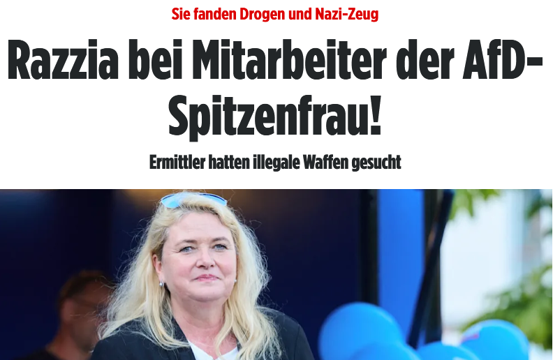KreuzAcht's tweet photo. Razzia bei einem persönlichen Mitarbeiter von Kristin Brinker, Vorsitzende der AfD Berlin.
 Die gesuchten illegalen Waffen wurden nicht gefunden, "aber Drogen und Nazi-Zeug." https://t.co/XasEPY1eWO