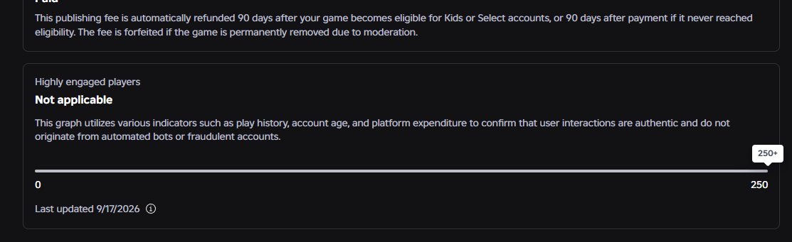 RanroboGaming's tweet photo. Hit the required 250+ highly engaged players milestone for my game, yet the game is still stuck on a 16+ age restriction. 

Is there a delay in audience reach updates, or is this a bug? If any dev knows what the issue / fix to this problem is, please let me know! 

Note: I had hit the 250+ highly engaged players requirement yesterday (24 hours ago)

#RobloxDev #RobloxStudio #DevForum