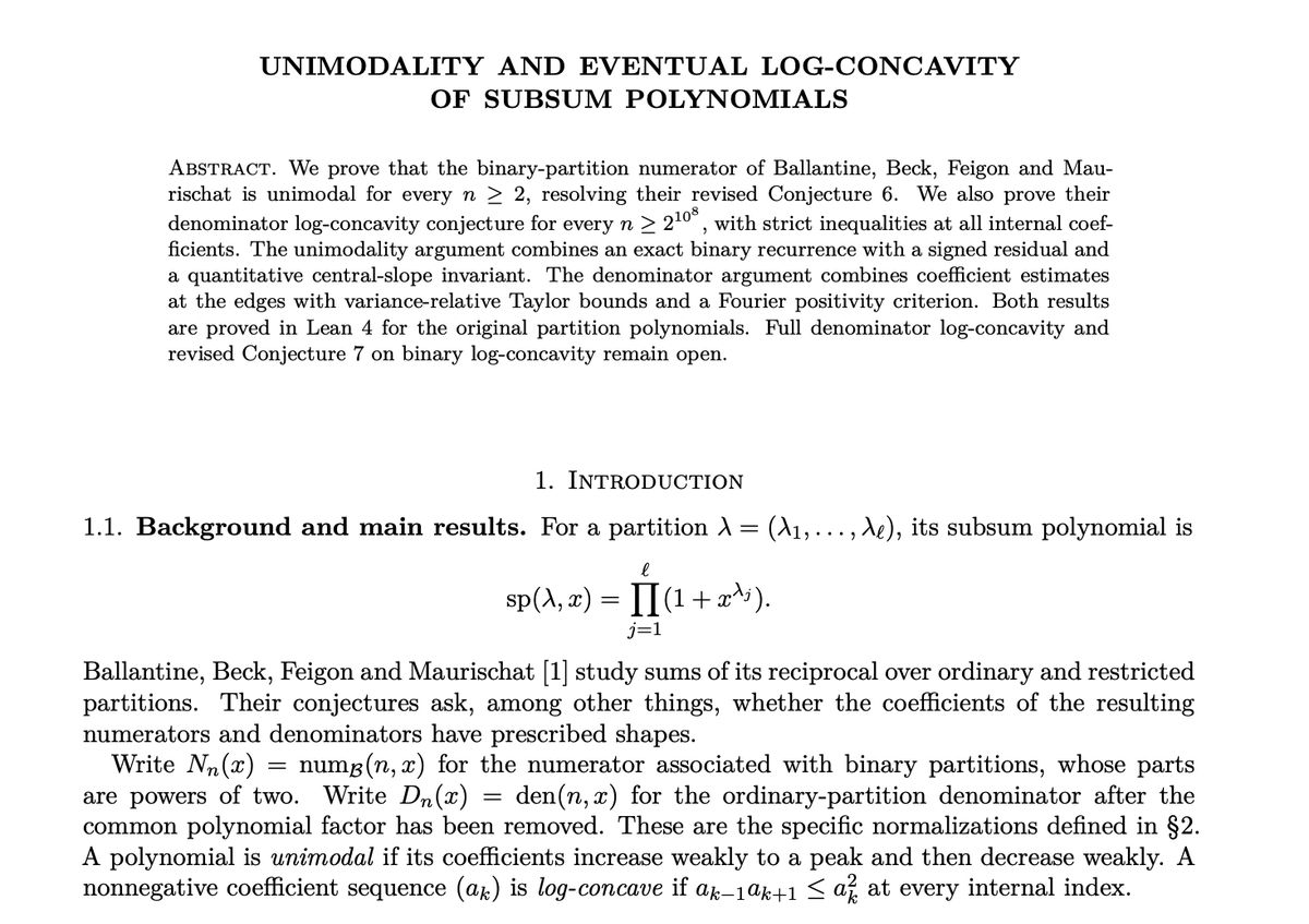 _anishlk's tweet photo. announcing formalization progress on the BBFM conjectures!

i have formalized conjecture 6's unimodality claim for all n ≥ 2 and conjecture 4 for all n ≥ 2^(10^8). this work builds on @axiommathai’s prior work, closing problems left open 🧵 https://t.co/GK9HtRDJXa